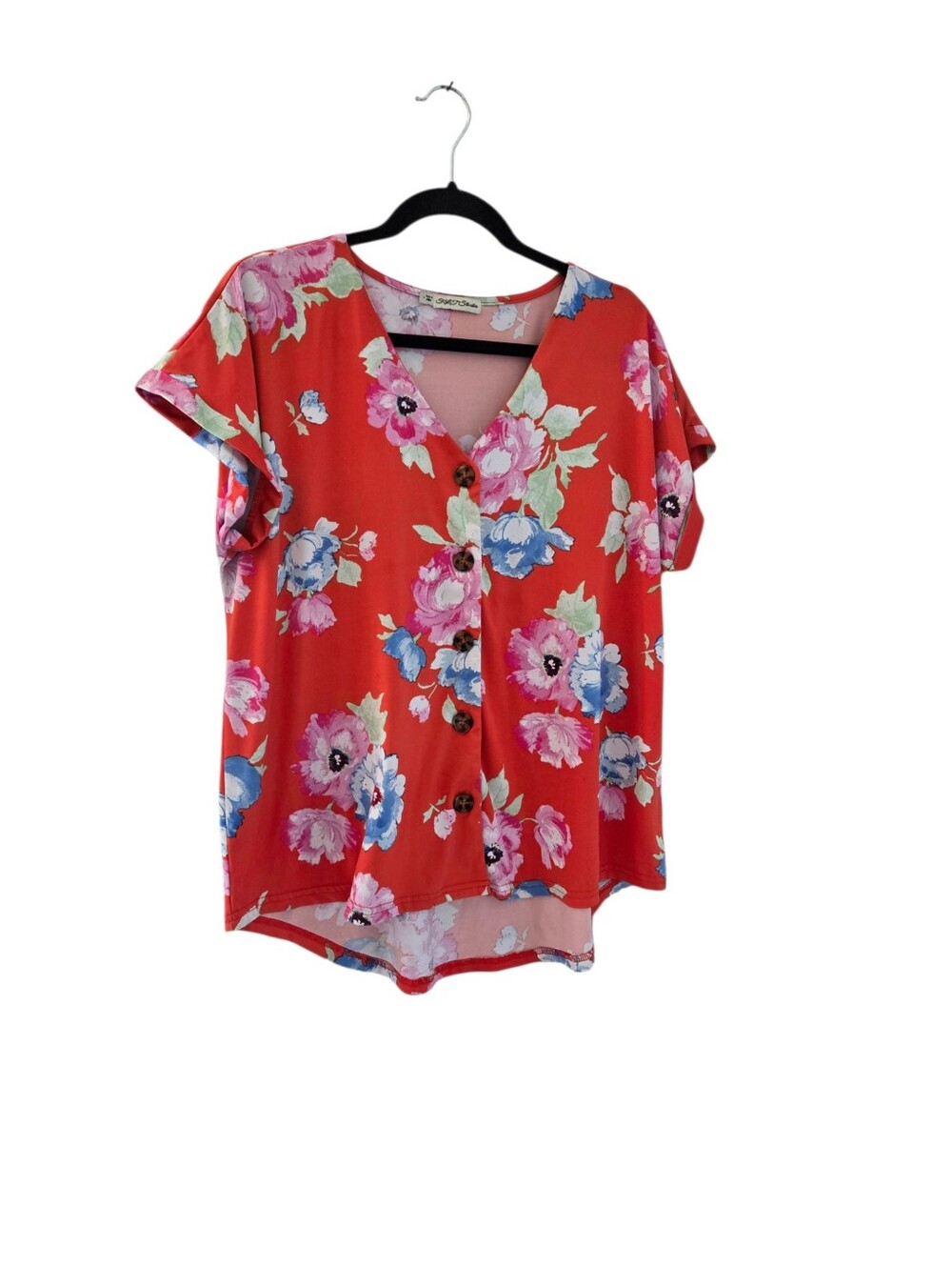FLJS Women's Red Shirt Blouse Top L Short Sleeve V-Neck Business Casual Summer